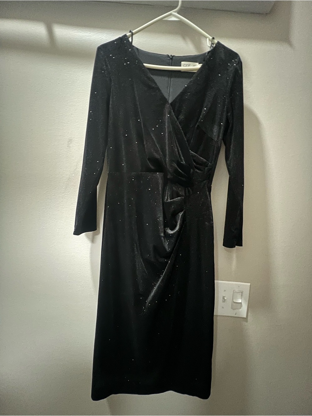 Eliza J Black Sparkle Velvet Wrap-Front Long Sleeve Midi Dress